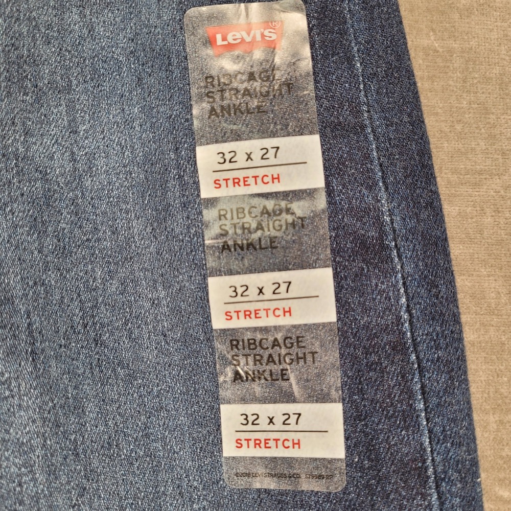 Levi's Ribcage Straight Ankle Jeans Button Fly‎ Distressed Dark Wash Denim Sz 32 - Picture 4 of 15